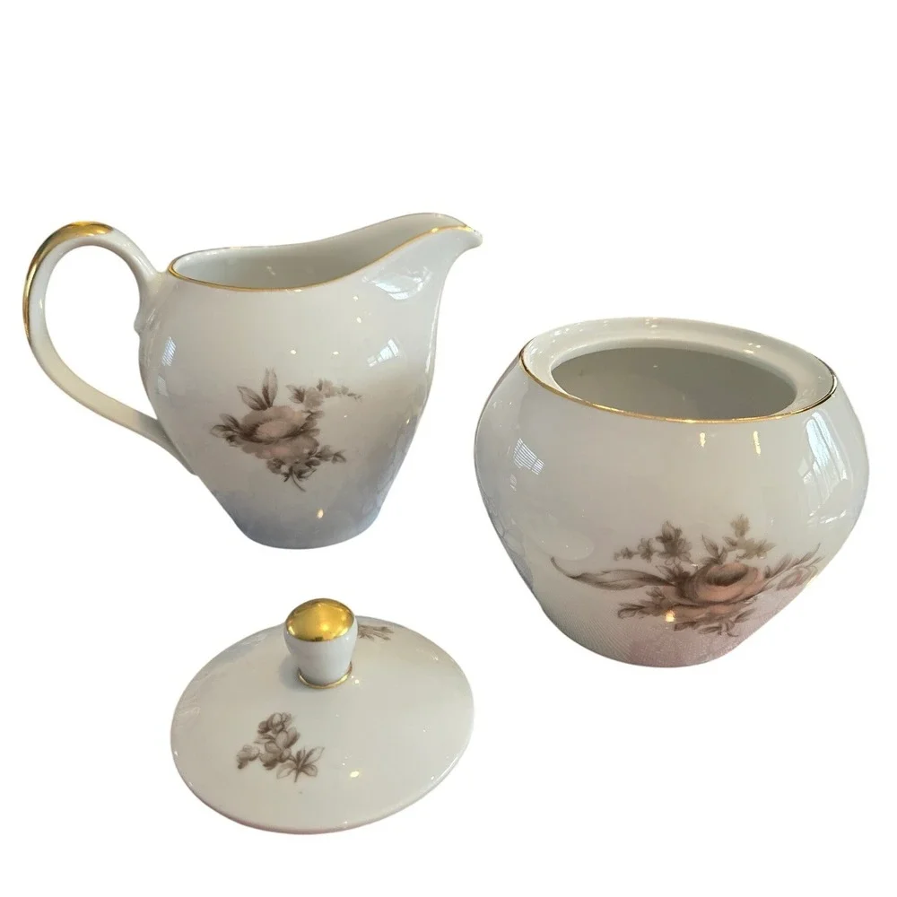 Johann Haviland Bavaria Sepia Rose Creamer and Sugar Bowl Set Gold Trim Germany